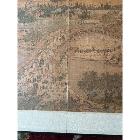 4 Panel Byobu Japanese Folding Mini Screen Village River Bridge Scene 21” X 14” - Picture 4 of 14